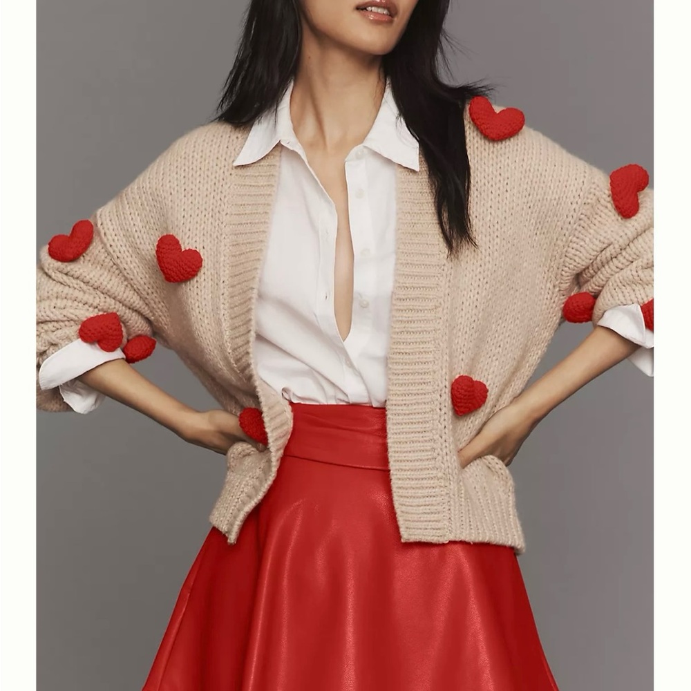 Heart-Embellished Cream Cardigan
